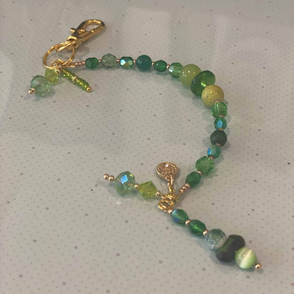 Elegant Green Beaded Bag Chain with charms- perfect for St. Patty’s Day!☘️